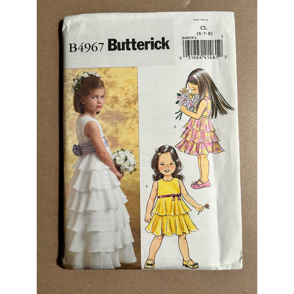 Butterick B4967 Girls Tiered Dress Sewing Pattern Size 6 7 8 Flower Girl Uncut